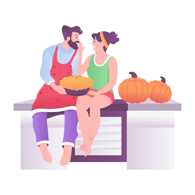 Vector a man and a woman sit on a bench with pumpkins