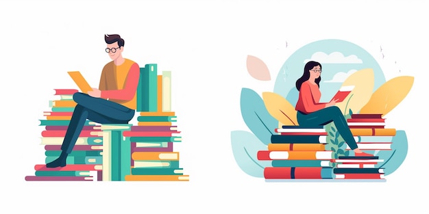 a man and a woman sit on a couch and look at a stack of books