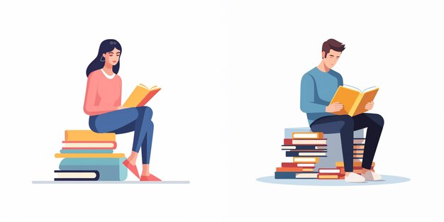 a man and a woman sit on a pile of books