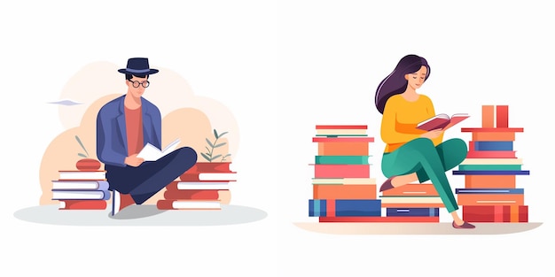 Vector a man and a woman sit on a stack of books