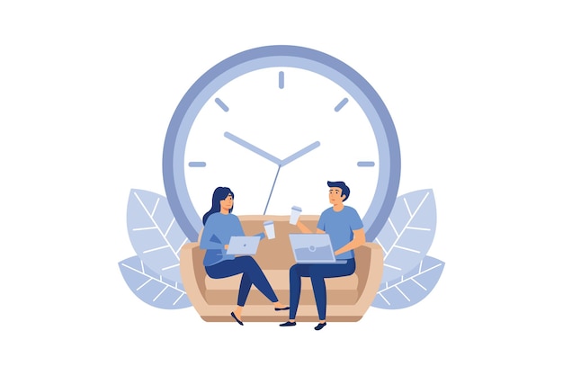 Man and Woman Sitting on Couch or Sofa and Working on Laptop Flat Cartoon Vector Illustration.