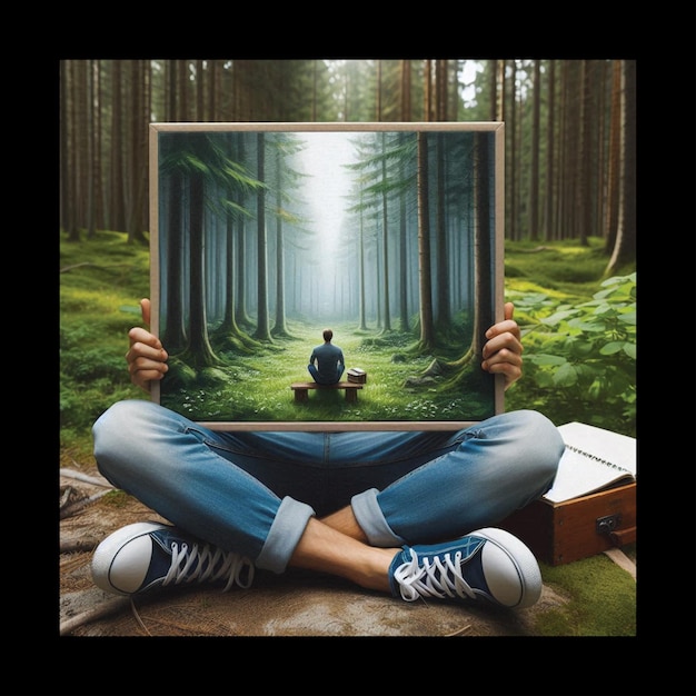 Vector man woman sitting on grass in a forest with a picture on her legs canvas