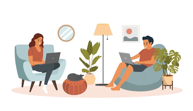 man and woman sitting on the sofa and chair  with laptops. vectort illustration