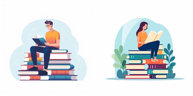 Vector a man and a woman sitting on a stack of books