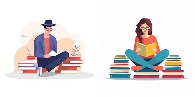 Vector a man and a woman sitting on a stack of books