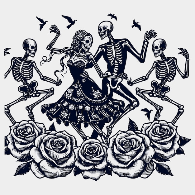 Vector man woman skeleton and roses silhouette vector svg filesskull with flower svgfloral skull svg