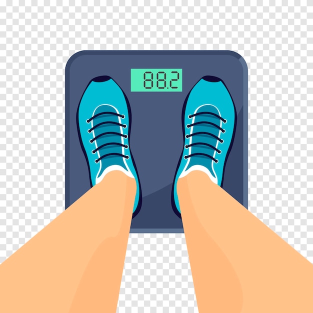 Man or woman in sneakers stands on the floor scales. Weight measure equipment or tool. Vector illustration isolated on transparent background.