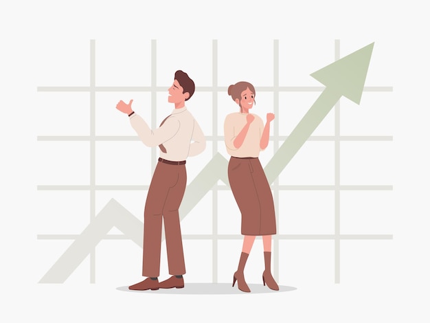 Man and woman standing on the background of rising graph