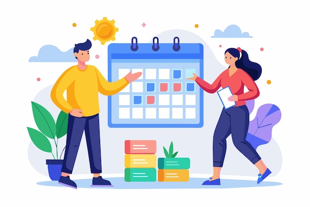 Vector man and woman standing next to calendar male and female characters are arranging a schedule for a business simple and minimalist flat vector illustration