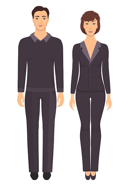 Vector man and woman standing in full growth in formal clothes couple in elegant and casual clothes