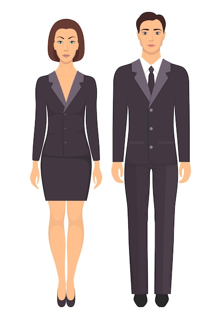 Vector man and woman standing in full growth in formal clothes couple in elegant and casual clothes