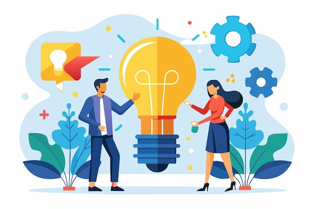 Man and Woman Standing Next to Light Bulb People connecting bulb puzzle pieces business innovation trending Simple and minimalist flat Vector Illustration