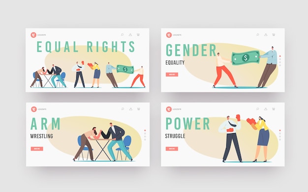 Vector man and woman struggle for equal gender rights landing page template set. male female characters arm wrestling, fight in boxing gloves, pulling huge dollar bill. cartoon people vector illustration