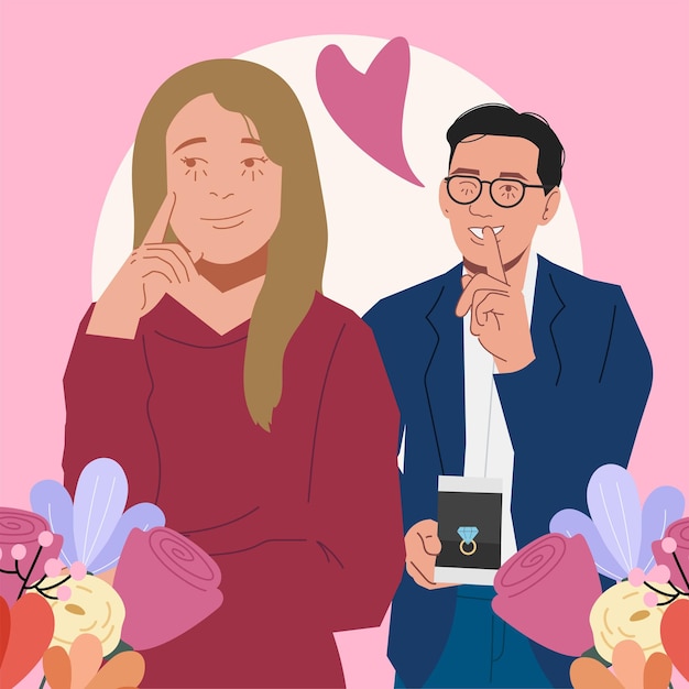 man woman surprise engagement ring valentines gifts in flat illustration