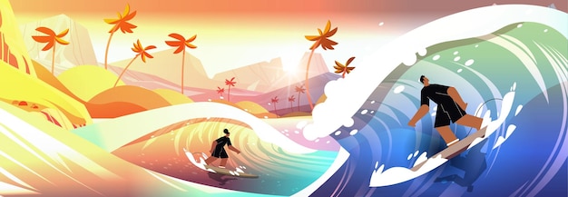 man woman in swimwear riding surf boards by sea or ocean waves surfing sport summer activity concept seaside landscape background horizontal vector illustration