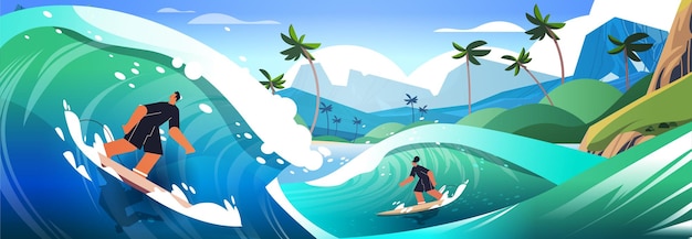 man woman in swimwear riding surf boards by sea or ocean waves surfing sport summer activity concept seaside landscape background horizontal vector illustration