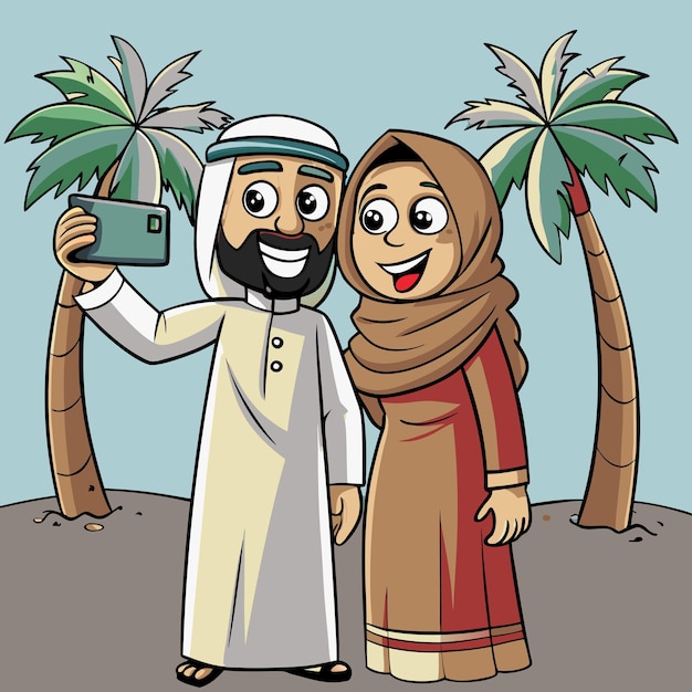 a man and woman taking a photo of palm trees and a woman taking a photo with a cell phone