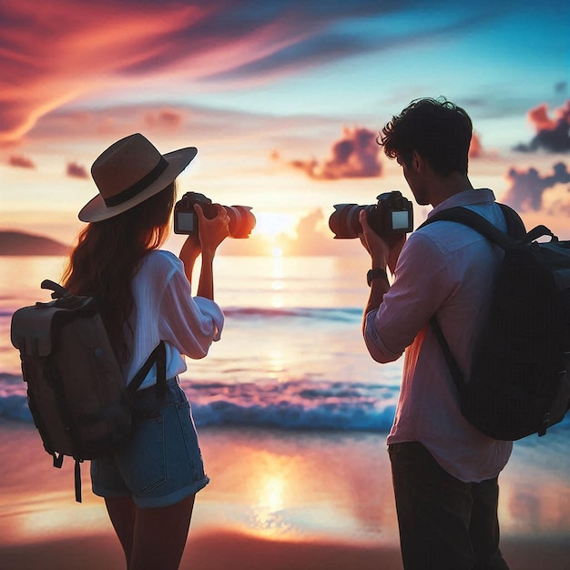 Vector a man and woman taking pictures of the ocean with a camera