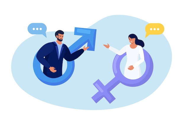 Man and woman talking while standing in male and female symbols Couple solving problems Gender equality communication Workforce without gender discrimination Equal rights between men and women