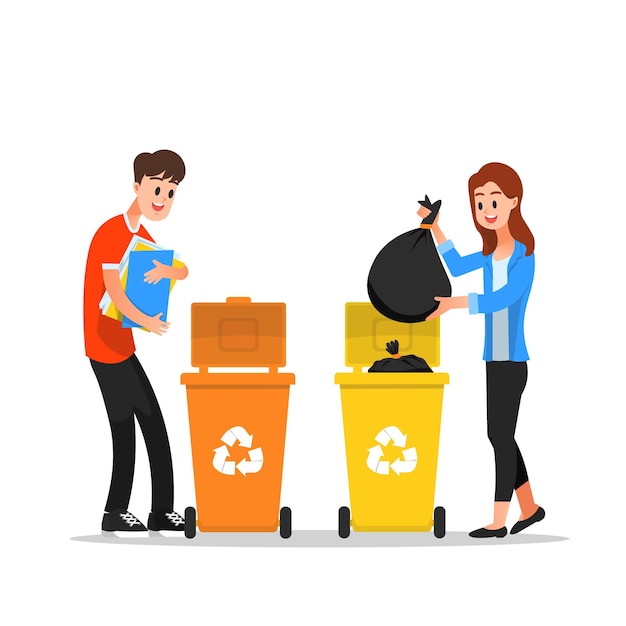 Man and woman throw trash into recycling bins