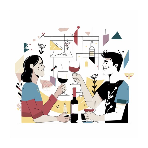 Vector man woman toasting wine table enjoying conversation casual dining experience diverse art wine