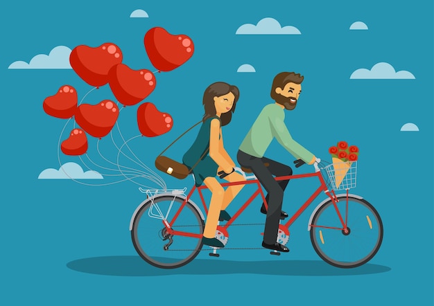 Man and woman together riding tandem bike with heart balloons in the sky Happy couple love concept