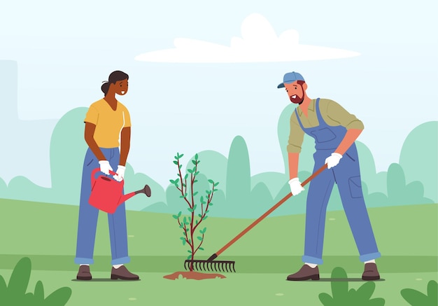 Man and Woman Volunteer Characters Care of Plants Watering from Can