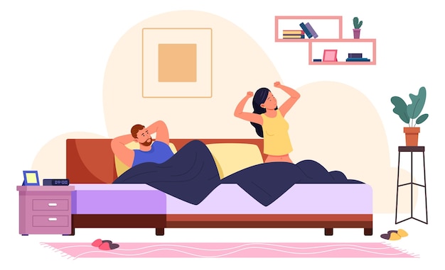 Man and woman waking up at morning together Couple lifestyle