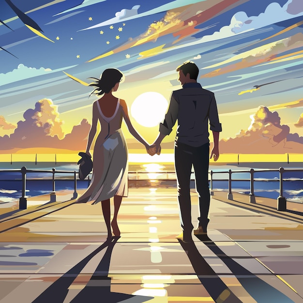 Vector a man and a woman walk down a pier holding hands