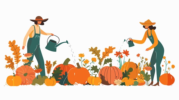 Man and Woman Watering Pumpkins in a Garden