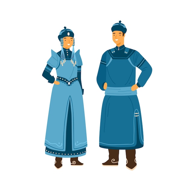 Vector man and woman wearing traditional mongolian costume. female character in decorated headdress and national dress. male person in hat and deel. flat vector illustration isolated on white background.