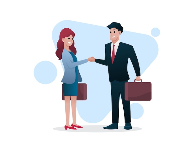 Man and woman with briefcase shake hand, business or investor concept,  illustration