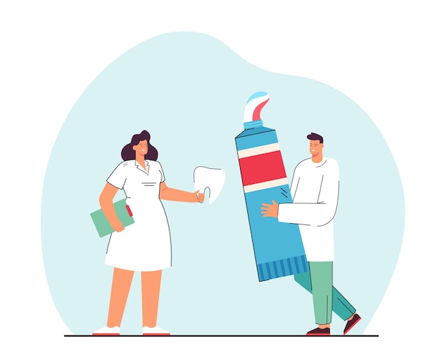 Man and woman with giant toothpaste and tooth. Flat illustration