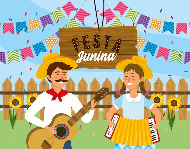 Man and woman with guitar and accordion to festival