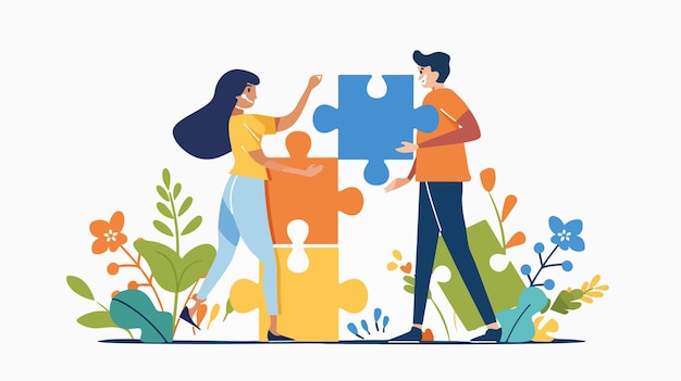 Vector man and woman with puzzles metaphor of collaboration