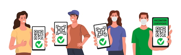 Man and woman with smartphone qr code vector. Vaccinated digital certificate passport.on device screen.