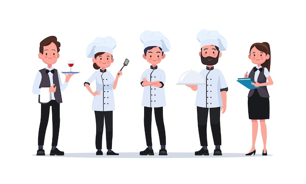 Man and woman working in a restaurant: waiter, chef, cook.