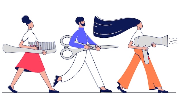 Man and women carry hairdressing tools scissors, hair dryer and comb.