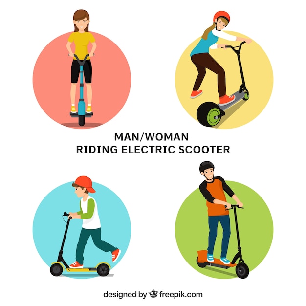 Man and women riding electric scooter