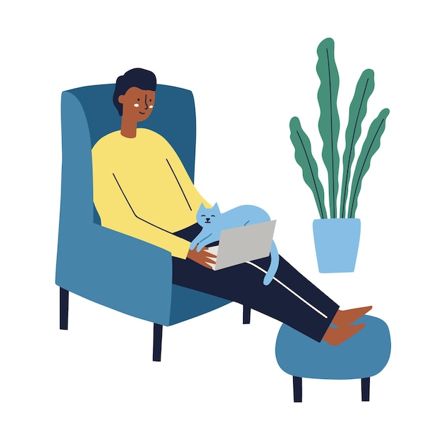 Man working in an armchair on a laptop with a cat on his arms. Freelance, work at home concept. Hand drawn flat vector illustration.