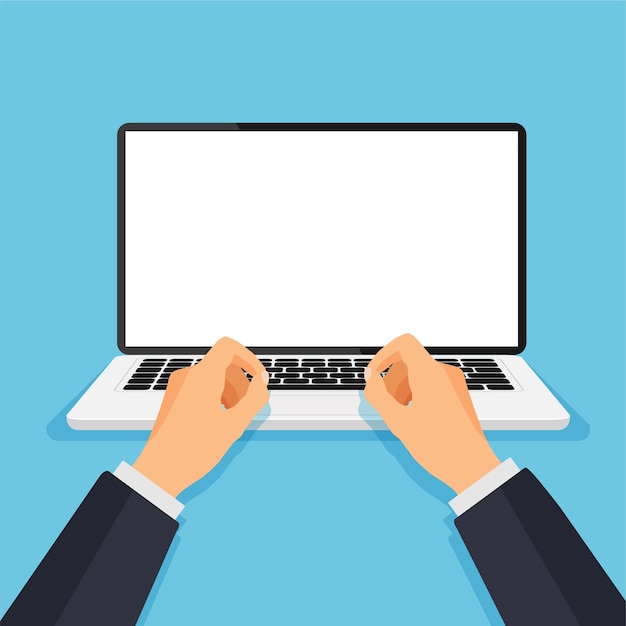 Man working at the computer. Boy type or print on a keyboard in front of a blank white monitor.