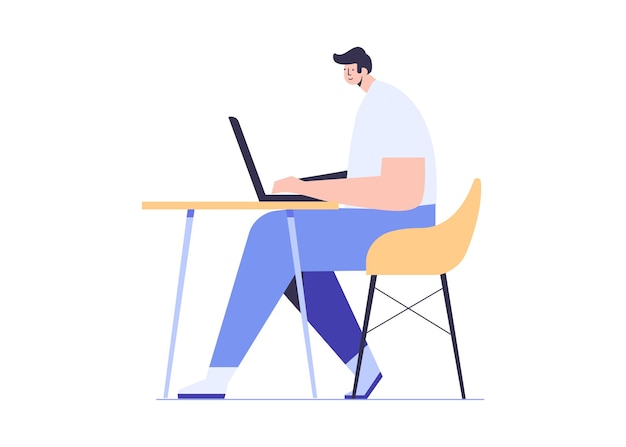 Man working computer flat vector illustration