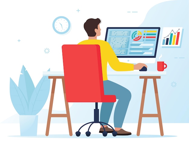 Man working at the computer. Freelance or office work concept, Accounting or marketing. illustration in flat style