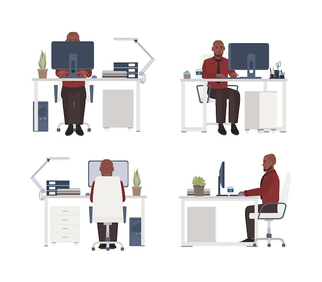 Man working on computer at workplace. Male office worker sitting in chair at desk. Flat cartoon character isolated