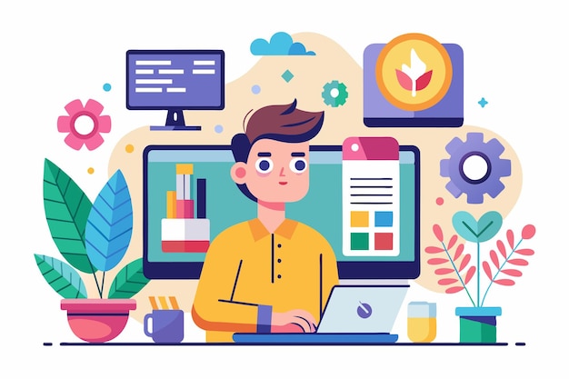 A man working on a laptop in front of a computer with design inspiration and customizable elements around him Design inspiration Customizable Flat Illustration