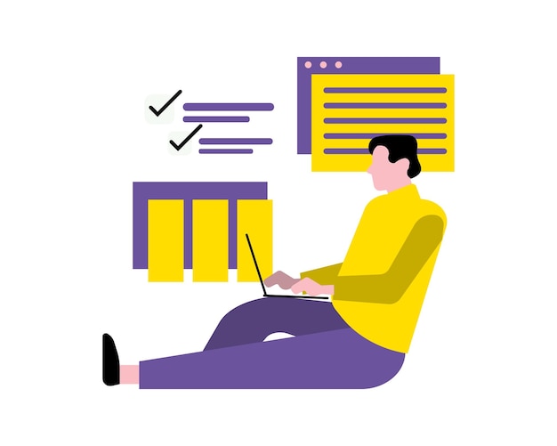 Man working on laptop at home Work from home concept Vector illustration in flat style