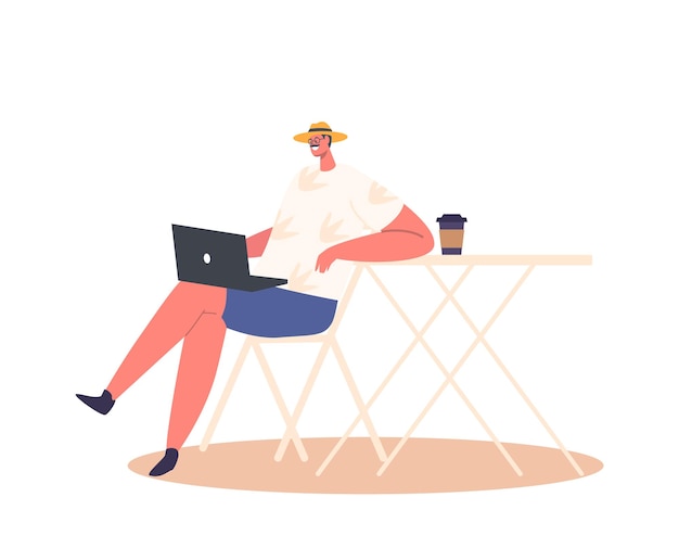 Man Working On Laptop While Enjoying A Cup Of Coffee In Street Cafe Freelancer Male Character Remote Work Concept