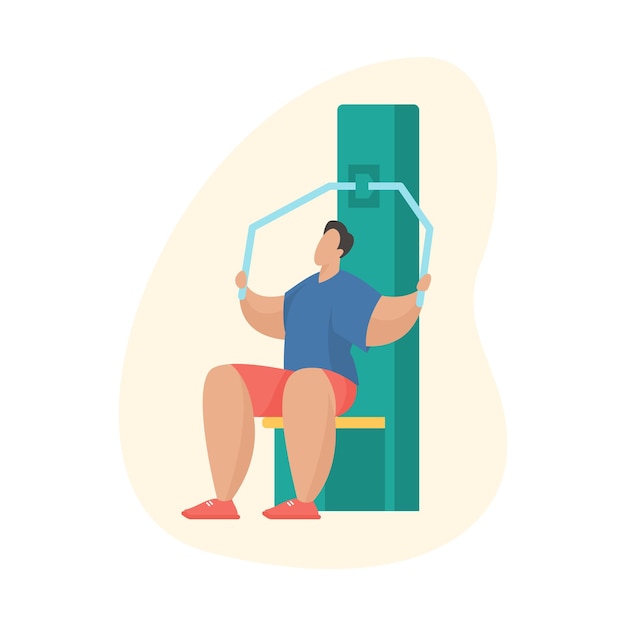 Man working out at outdoor gym. Outdoor sport equipment. Male cartoon character doing exercises using pull down machine. Flat vector illustration