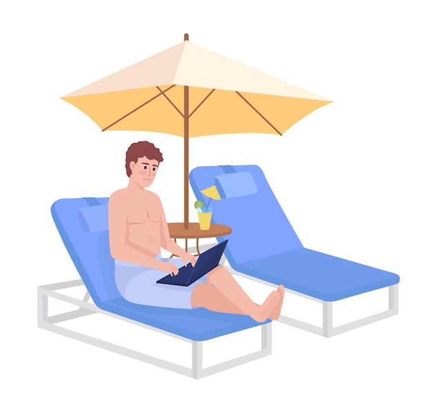 Man working remotely on tropical islands semi flat color vector character