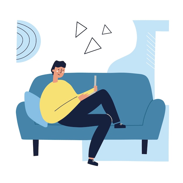 Man working on a sofa on a laptop. Freelance, work at home concept. Hand drawn flat vector illustration.